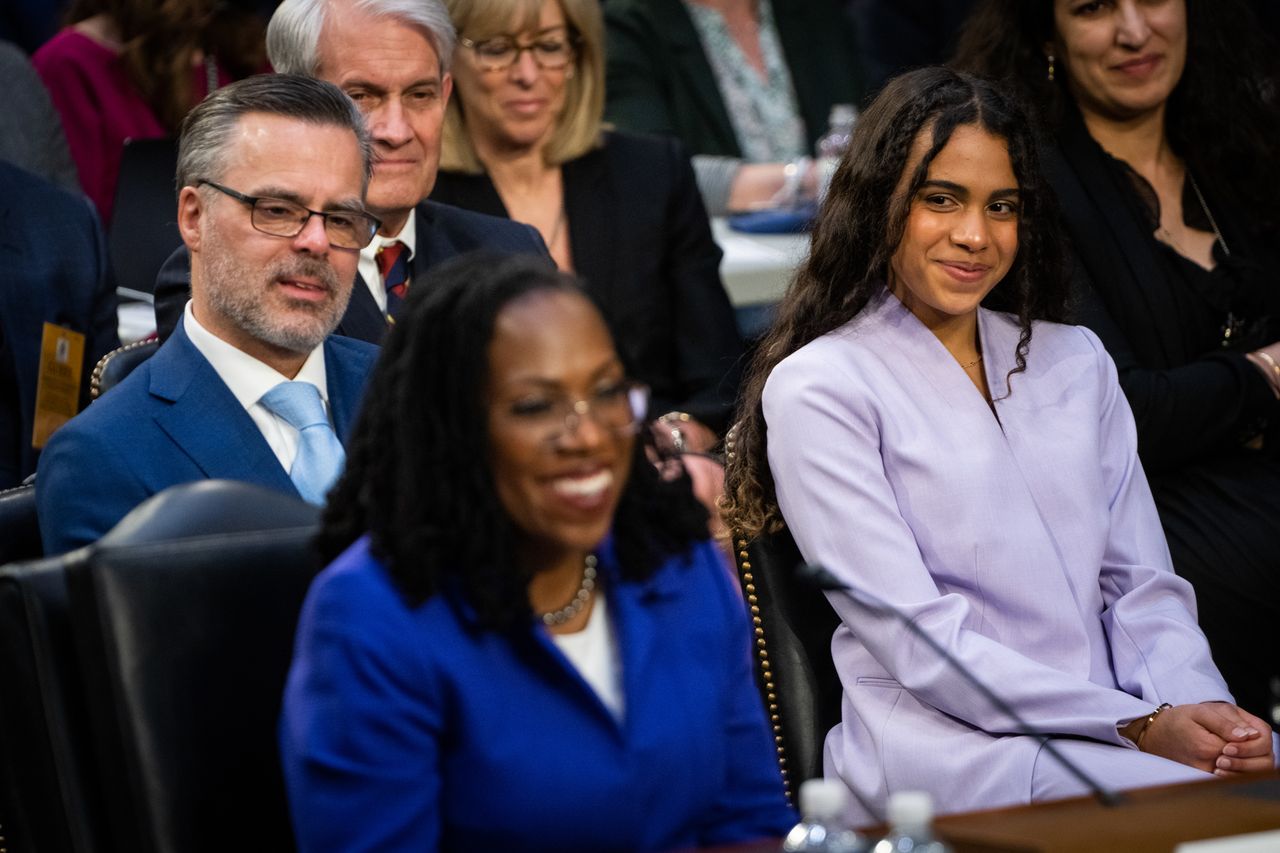 Patrick Jackson and Leila Jackson, the husband and daughter of Supreme Court nominee Ketanji Brown Jackson, listen during the confirmation hearings.