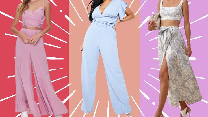 Switch up your go-to wedding attire with this matching cami and pallazo pant, an angel-sleeve full-length jumpsuit and a two-piece floral skirt set.