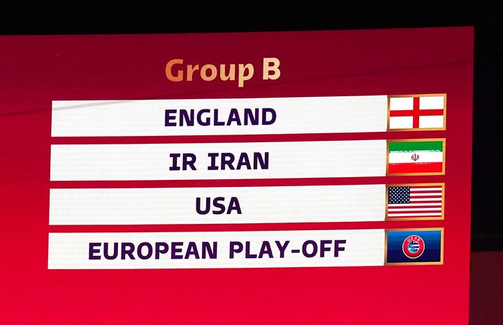 The full draw for Group B of England, Iran, USA and the European Play-Off (Wales, Scotland or Ukraine) is displayed on the big screens.