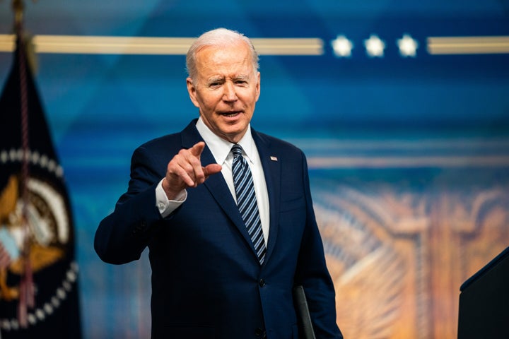 President Joe Biden takes questions after delivering remarks on gas prices at the White House on March 31.