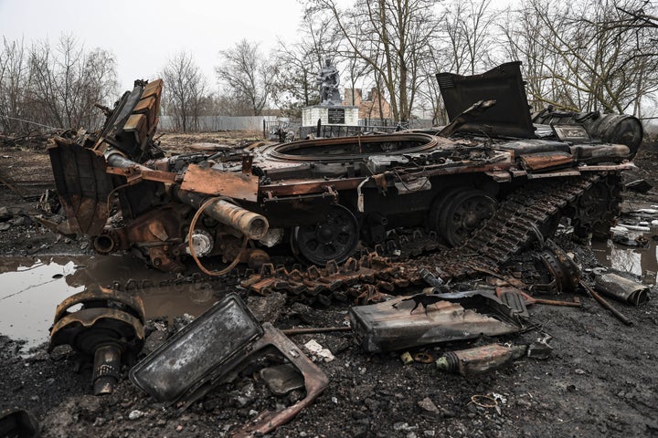 CHERNIHIV, UKRAINE - APRIL 02: A destroyed Russian tank is seen at Lukyanovka village in Chernihiv, Ukraine on April 02, 2022.