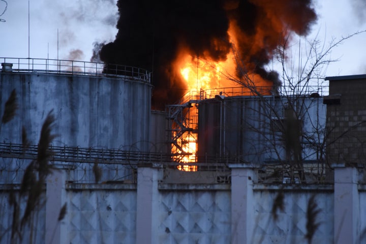 Smoke and fire is seen after shelling in Odesa, Ukraine, Sunday, April 3, 2022. (AP Photo/Max Pshybyshevsky)