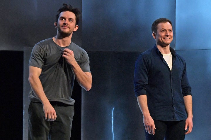 Jonathan Bailey and Taron Egerton bow at the curtain call during the press night performance of Cock at The Ambassadors Theatre on March 15, 2022 in London, England. (Photo by David M. Benett/Dave Benett/Getty Images)