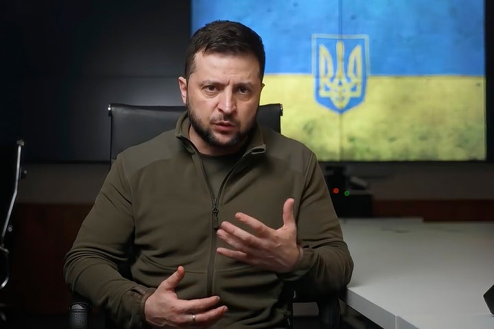 In this image from video provided by the Ukrainian Presidential Press Office, Ukrainian President Volodymyr Zelenskyy speaks from Kyiv, Ukraine, late Saturday, April 2, 2022. (Ukrainian Presidential Press Office via AP)