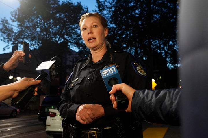 Sacramento Police Chief Kathy Lester talks to reporters about the mass shooting In Sacramento, Calif. April 3, 2022. (AP Photo/Rich Pedroncelli)