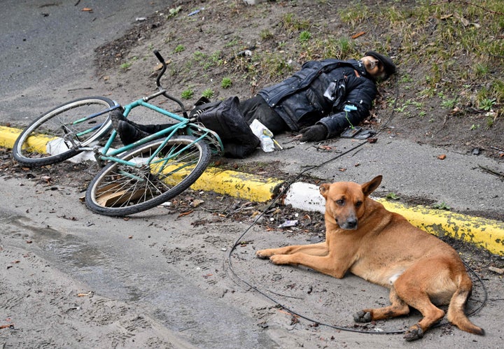 On April 3, a dog lay next to the corpse of a man on a street in the city of Bucha, near the capital of Ukraine, Kiev.