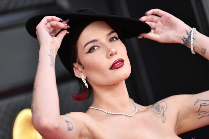 Halsey arrives for the 64th Annual Grammy Awards at the MGM Grand Garden Arena in Las Vegas on Sunday.