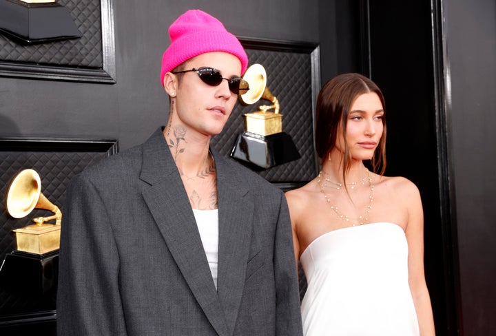 Justin Bieber and Hailey Bieber attend the 64th Annual GRAMMY Awards at MGM Grand Garden Arena on April 3 in Las Vegas, Nevada.