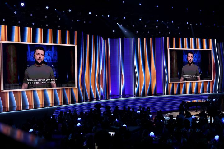 Volodymyr Zelensky appeared on screens during the Grammys ceremony