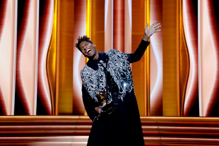 Jon Batiste accepts the Album of the Year award for "We Are" at the 64th Annual Grammy Awards on Sunday at MGM Grand Garden Arena in Las Vegas.