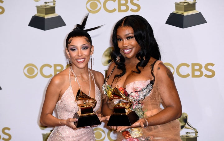 Doja Cat (left) and SZA won the Grammy for Best Pop Duo/Group Performance for their hit "Kiss Me More" on Sunday. 