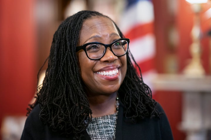 Supreme Court nominee Judge Ketanji Brown Jackson smiles as Sen. Richard Shelby, R-Ala., arrives for a meeting in his office on Capitol Hill in Washington, on March 31, 2022. 