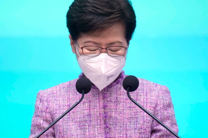 Hong Kong Chief Executive Carrie Lam pauses during a news conference in Hong Kong, on wApril 4, 2022. 