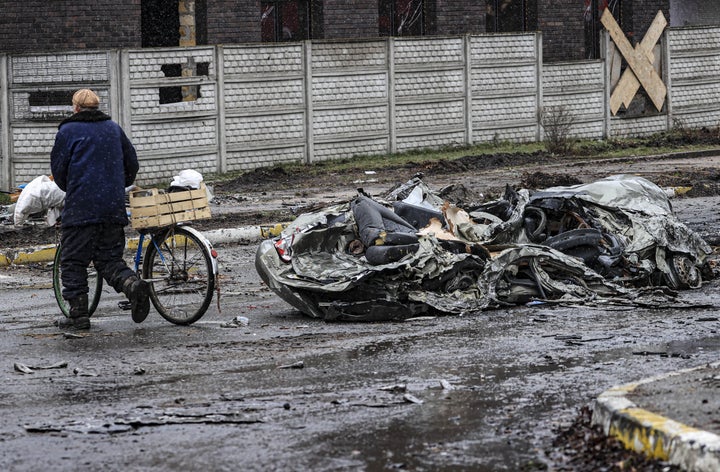 A photo shows damages from conflict areas in the Hostomel region, as Russian attacks on Ukraine continue, on April 03, 2022 in Bucha, Ukraine.