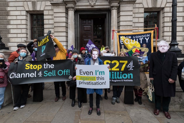 Campaigners demonstrate outside the Department for Digital, Culture, Media and Sport against proposals to privatise Channel 4.