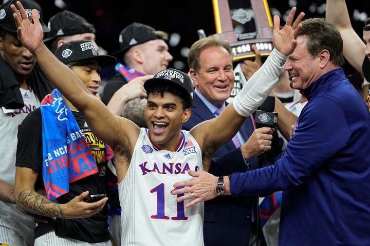 Kansas guard Remy Martin celebrates after their win against North Carolina on Monday in New Orleans. 