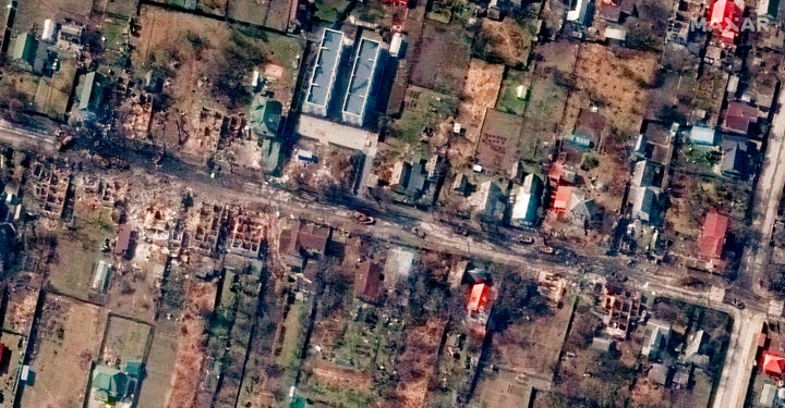 Zelenskyy To Deal with UN Amid Outrage Over Civilian Deaths 18 Overview of destroyed houses and vehicles in a street in Bucha, Ukraine on March 31, 2022.