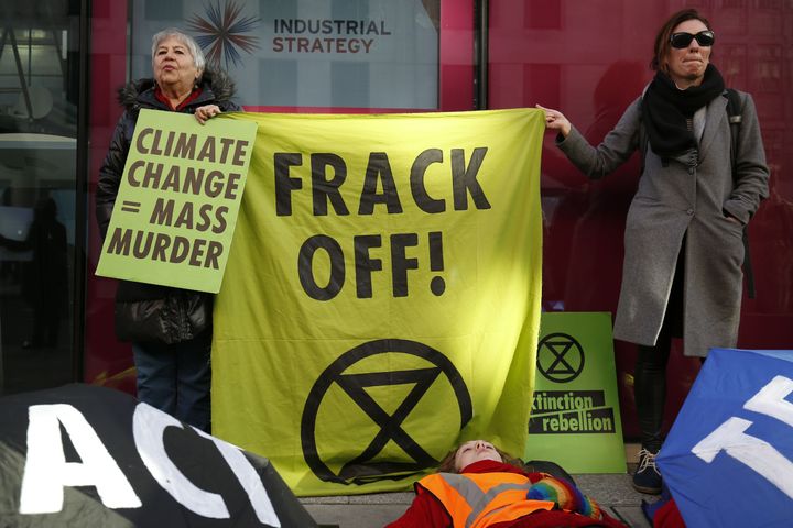 Anti-fracking protesters hold a demonstration outside Department for Business, Energy and Industrial Strategy in central London on November 12, 2018.