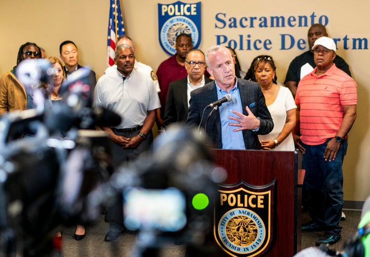 At a press conference with city leaders Sacramento Mayor Darrell Steinberg updated journalists on Saturday nights mass shooting in downtown Sacramento in the area of 10th and K Streets where 2 rounds of gunfire at approximately 2 a.m. resulted in six people confirmed dead, and 12 injured, in Sacramento, California Sunday April 3, 2022.