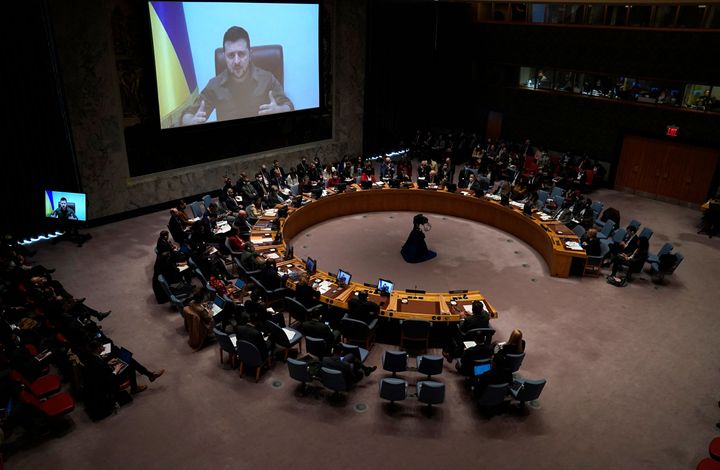 President Volodymyr Zelensky, of Ukraine, addresses a meeting of the United Nations Security Council in New York City.