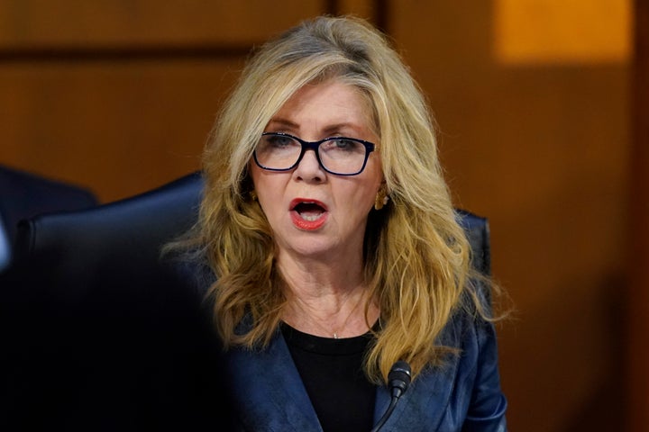 Sen. Marsha Blackburn (R-Tenn.) questions Supreme Court nominee Ketanji Brown Jackson during her Senate Judiciary Committee confirmation hearing on March 22.