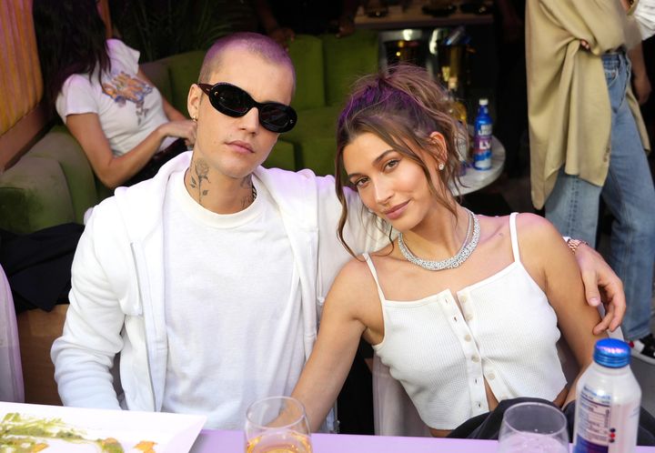 Justin and Hailey Bieber attend Super Bowl LVI at SoFi Stadium on Feb. 13 in Inglewood, California.