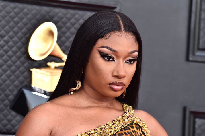 Megan Thee Stallion arrives at the 64th Annual Grammy Awards on April 3, 2022, in Las Vegas. 