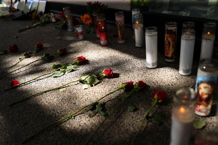 Roses lay on the sidewalk at 10th and K in Sacramento, Calif., on April 5, 2022.