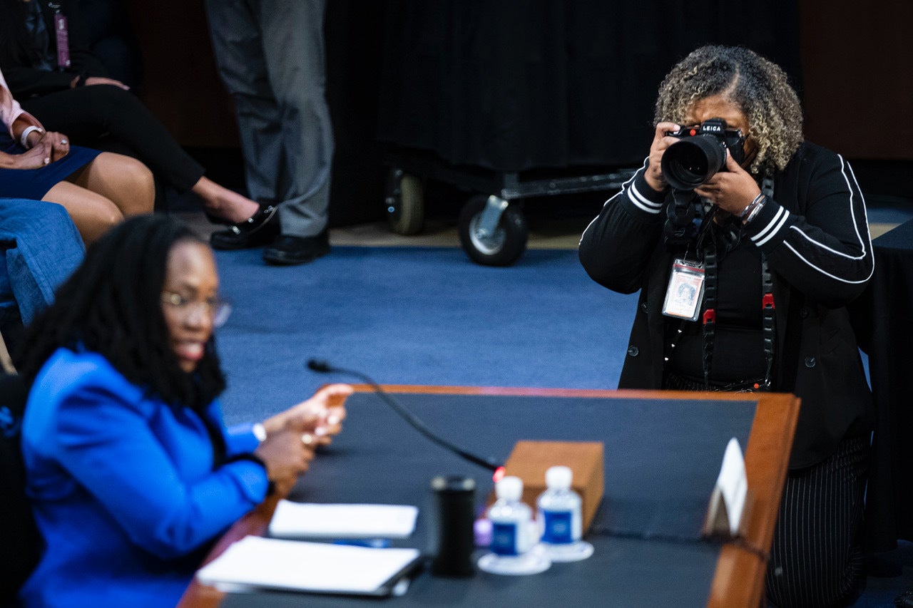 Cheriss May working during Jackson's hearing.