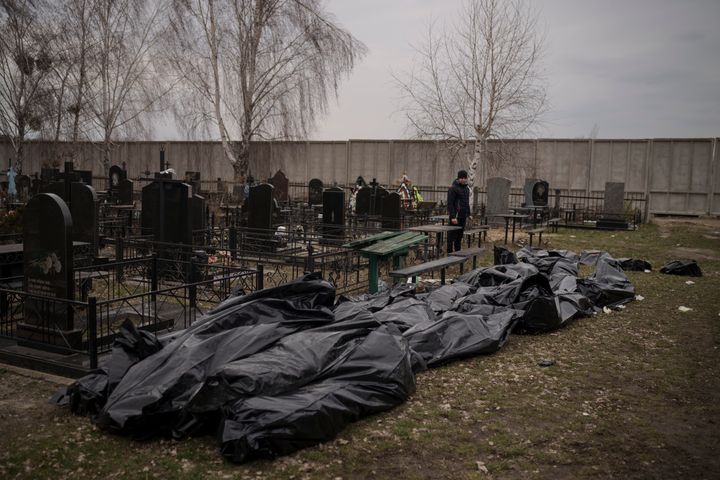Dozens of bodies wait to be buried at a cemetery in Bucha, outskirts of Kyiv, Ukraine, on April 5, 2022.