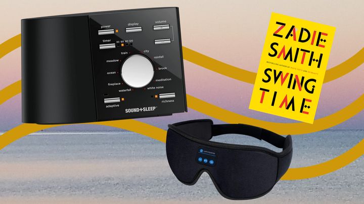 A sleep noise machine, Bluetooth sleep mask and "Swing Time" by Zadie Smith.