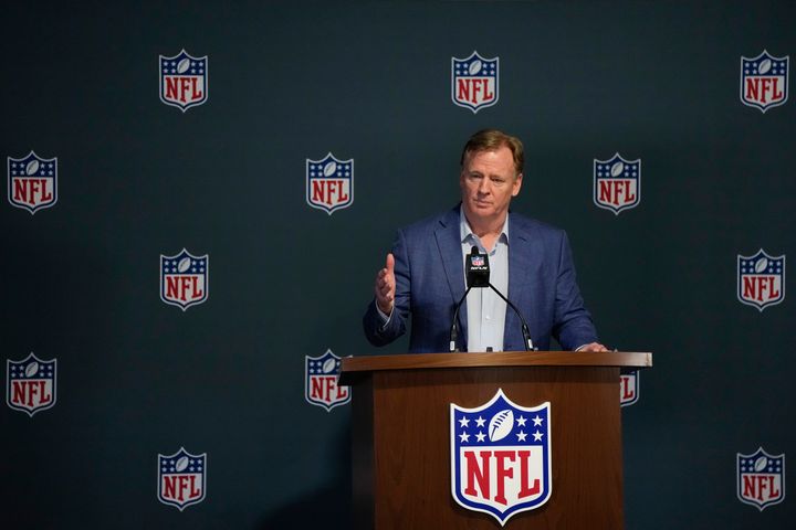 NFL CommissionerRoger Goodell answers questions from reporters, at a press conference after the close of the NFL owner's meeting, Tuesday, March 29, 2022, at The Breakers resort in Palm Beach, Fla. (AP Photo/Rebecca Blackwell)