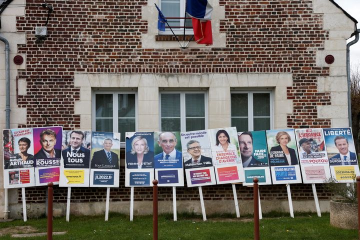 <strong>Official campaign posters of the 12 French presidential election candidates are seen on bulletin boards near the townhall in Appilly, France.</strong>