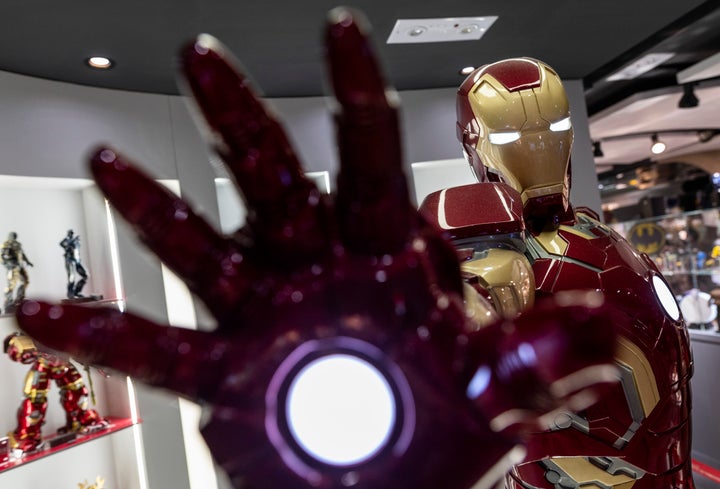 A human-sized Iron Man figure is displayed at a store in Hong Kong. In 