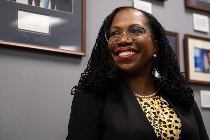 Judge Ketanji Brown Jackson smiles during a meeting with US Senator Sherrod Brown, D-OH, on her nomination to be an associate justice of the Supreme Court of the United States on Capitol Hill in Washington, DC, on April 5, 2022. (Photo by Jim WATSON / AFP) (Photo by JIM WATSON/AFP via Getty Images)