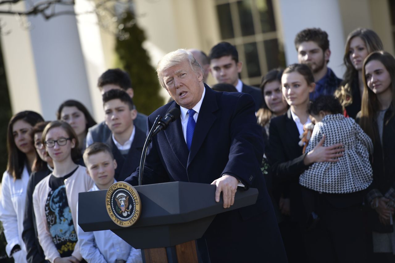 President Donald Trump speaks live via video link to "March for Life," an annual anti-abortion rally, on Jan. 19, 2018, from the White House in Washington, D.C.