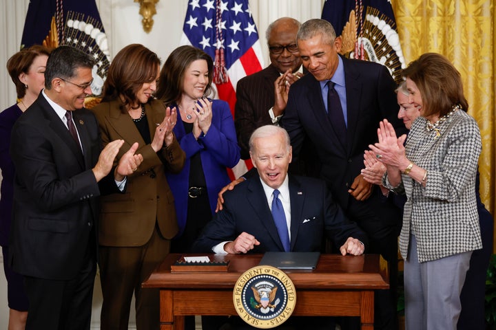 Pelosi is seen attending another event on Tuesday to mark the 2010 passage of the Affordable Care Act at the White House with President Joe Biden and former President Barack Obama.