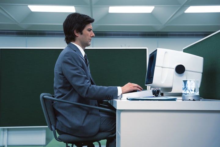 On "Severance," work-life balance gets taken to a new extreme. Above, we see "innie" Mark (Adam Scott) while he is working for mysterious conglomerate Lumon.