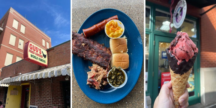 From left to right: Gus's World Famous Fried Chicken, a three-meat combo plate from Central BBQ, and a scoop of red velvet from Margie’s 901 Homemade Ice Cream.