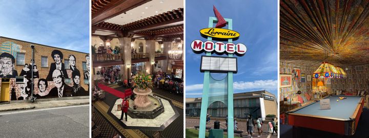From left to right: the Memphis Upstanders Mural by Nelson Gutierrez Studio, the famous Peabody Hotel "duck march," the National Civil Rights Museum at the Lorraine Motel, and the upholstered billiards room at Graceland.
