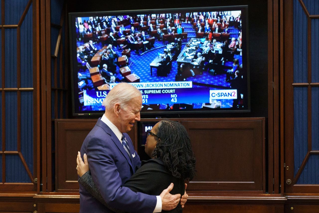 President Joe Biden and Judge Ketanji Brown Jackson watch her Senate confirmation vote together at the White House. 