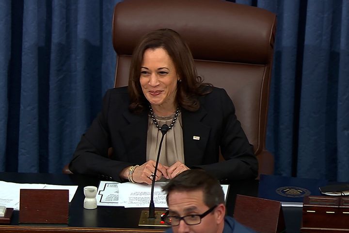 In this image from video from Senate Television, Vice President Kamala Harris prepares to read the final vote count of 53-47 on April 7.