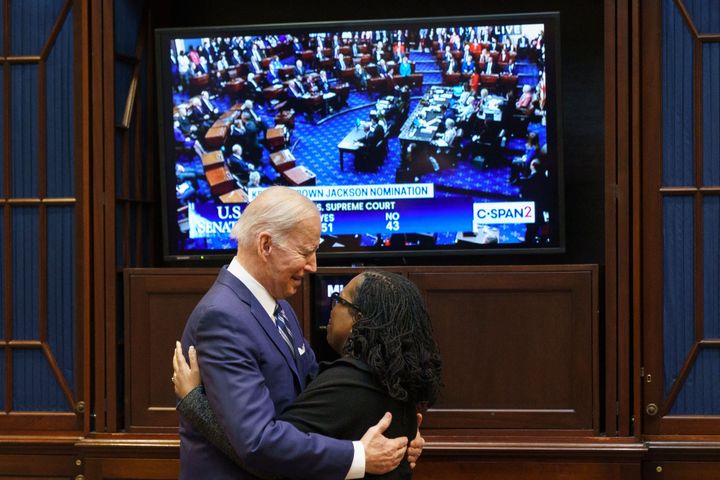 President Joe Biden embraces Judge Ketanji Brown Jackson as they watch the Senate vote on her nomination to be an associate justice on the US Supreme Court on April 7.