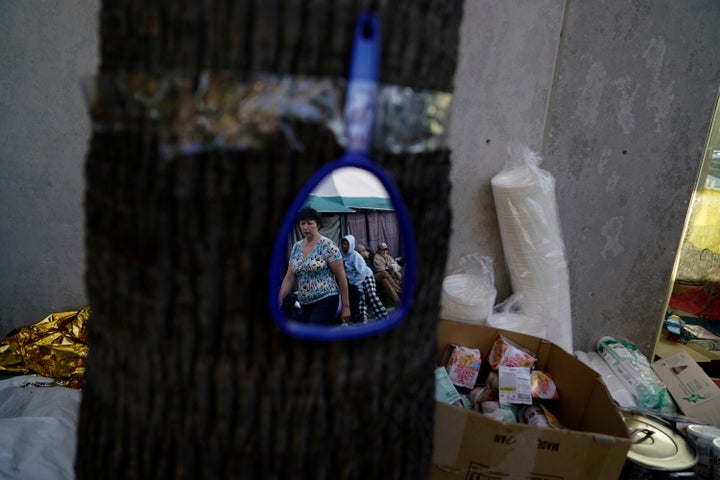 Ukrainian refugees wait in a makeshift camp near the border on April 4, 2022, in Tijuana, Mexico.