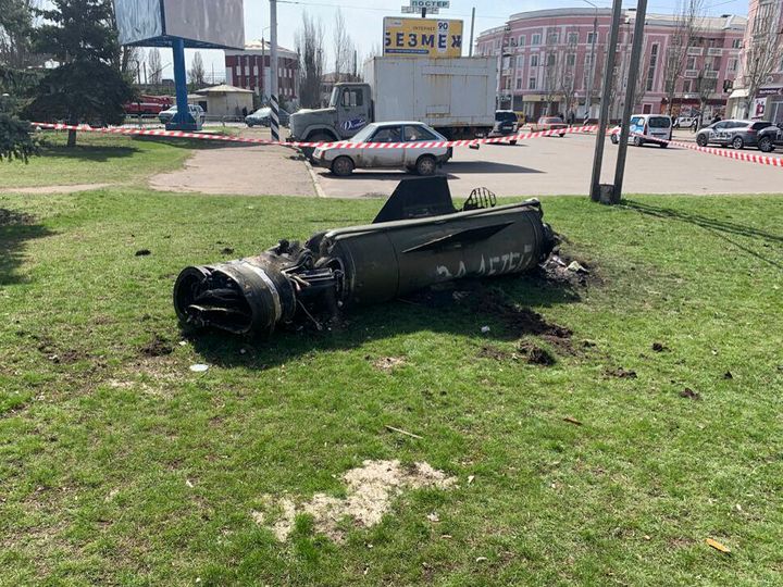 The remains of a rocket after an attack on the railway station in Kramatorsk. The lettering on the side says 