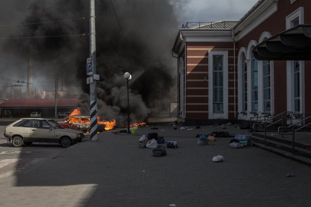 A view of the scene after over 30 people were killed and more than 100 injured in a Russian attack on a railway station in eastern Ukraine on April 8.