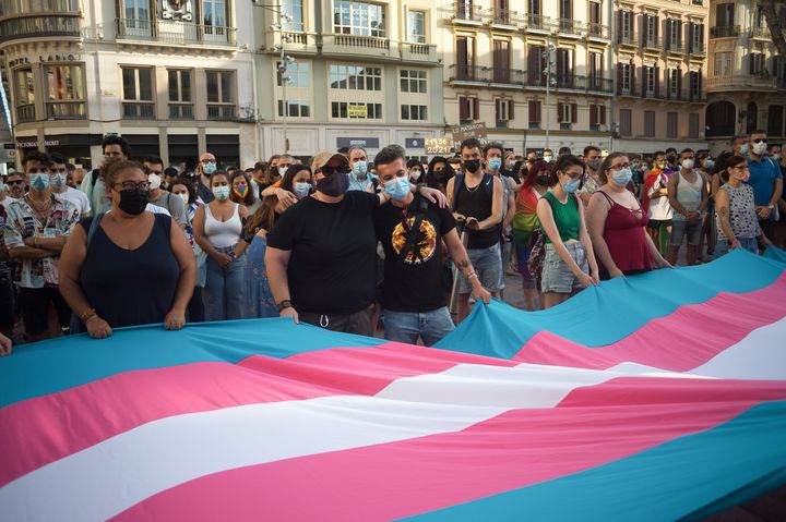 Los participantes en una concentración en favor de los derechos trans extienden una bandera trans