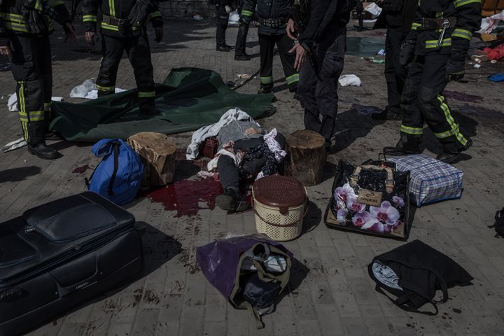 KRAMATORSK, UKRAINE - APRIL 08: (EDITORS NOTE: Image depicts death) A view of the scene after over 30 people were killed and more than 100 injured in a Russian attack on a railway station in eastern Ukraine on April 8, 2022. Two rockets hit a station in Kramatorsk, a city in the Donetsk region, where scores of people were waiting to be evacuated to safer areas, according to Ukrainian Railways. (Photo by Andrea Carrubba/Anadolu Agency via Getty Images)