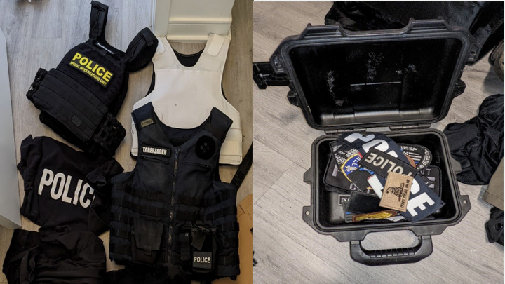 Some of the police paraphernalia found in the possession of 40-year-old Arian Taherzadeh.