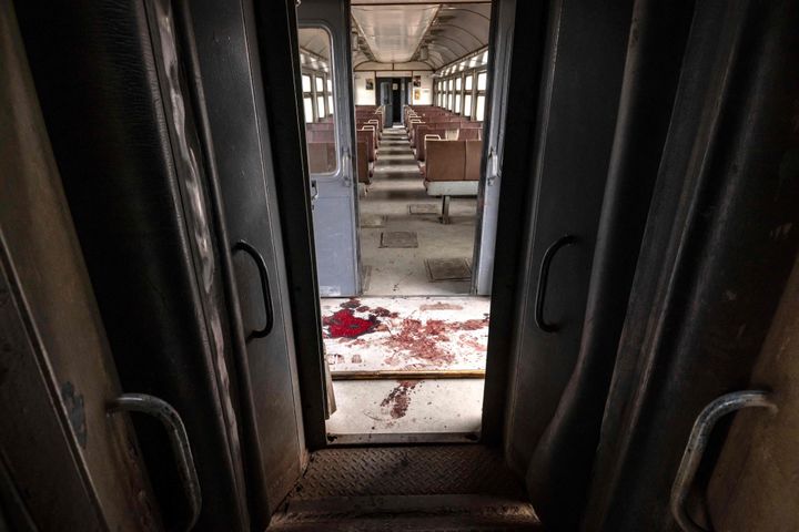 A photo on April 8, 2022, shows a train car after a rocket attack at a train station in Kramatorsk, eastern Ukraine, that was being used for civilian evacuations. 